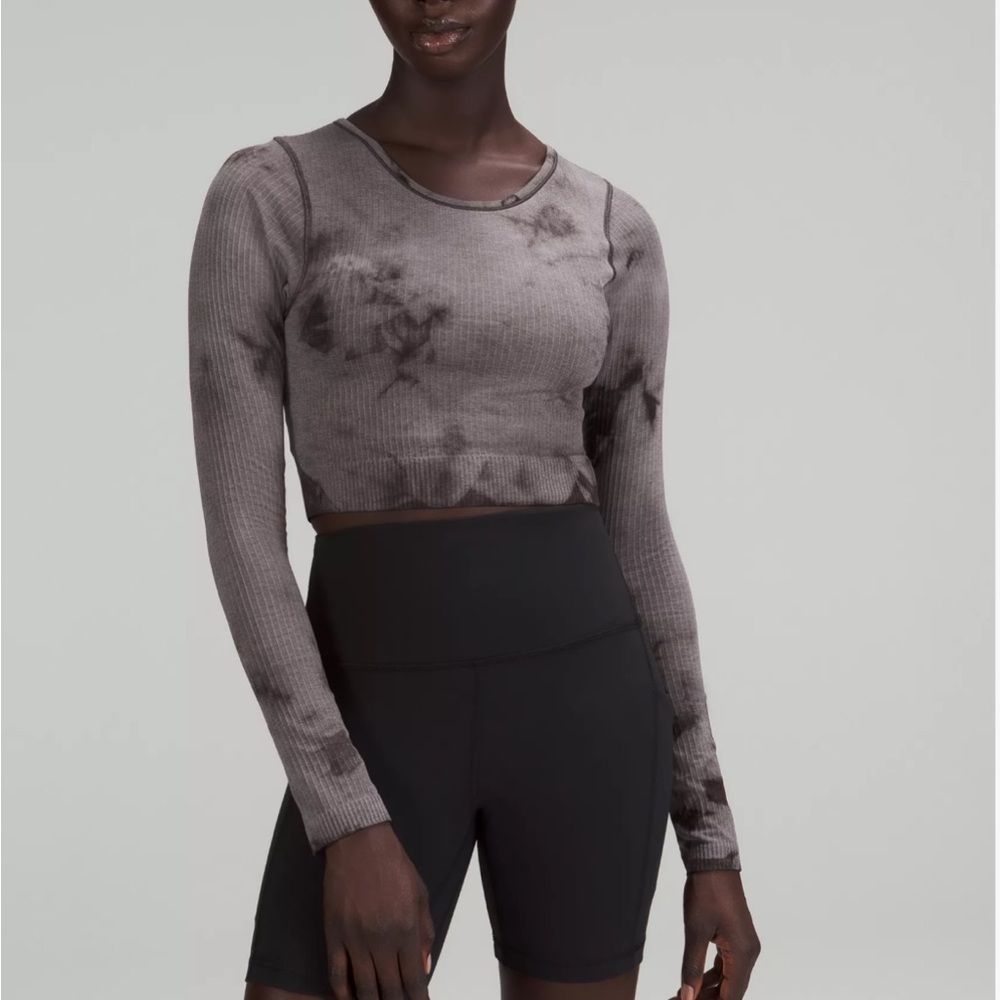 Lululemon Ebb to Street Gray Tie-Dye Long Sleeve Crop Top